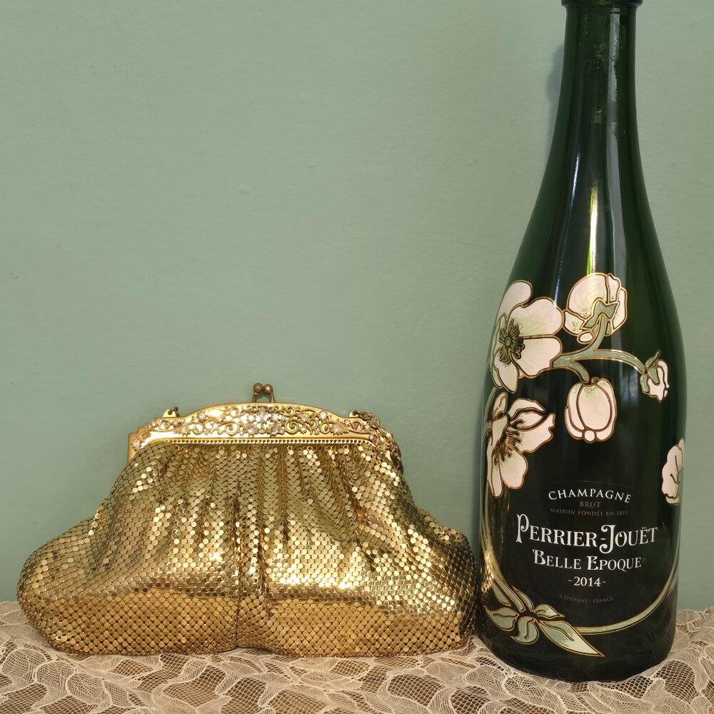 Whiting & Davis Vintage Gold‎ Mesh Bag w Rhinestones. MCM. Great Condition!